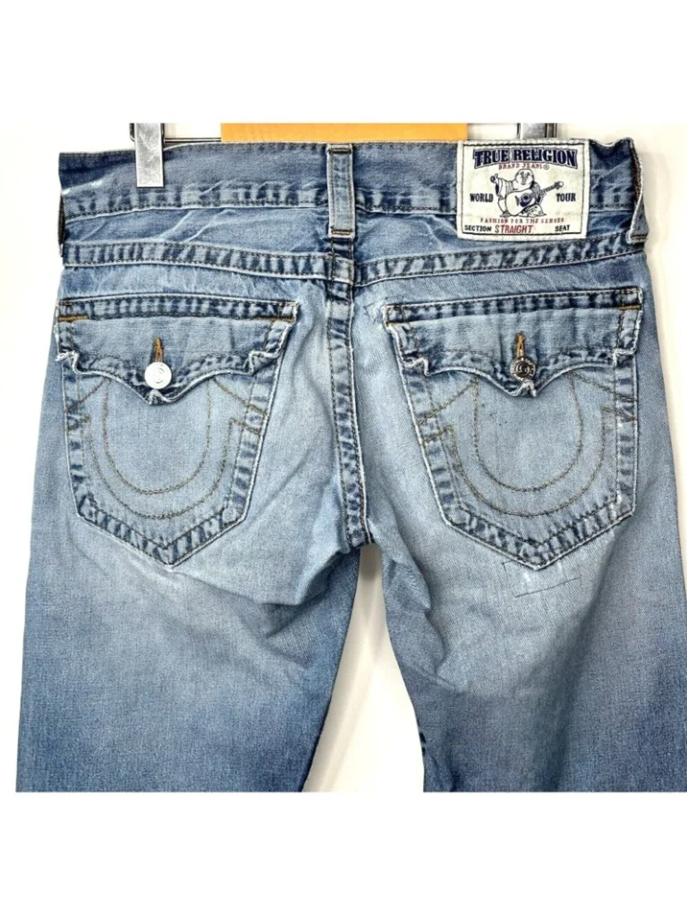 True Religion BOLM Deer Hollow Jeans Men 31 Straight Distressed Blue Flap Pocket
